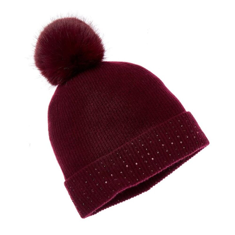 Sofiacashmere Rib Knit Embellished Cashmere Hat, Red